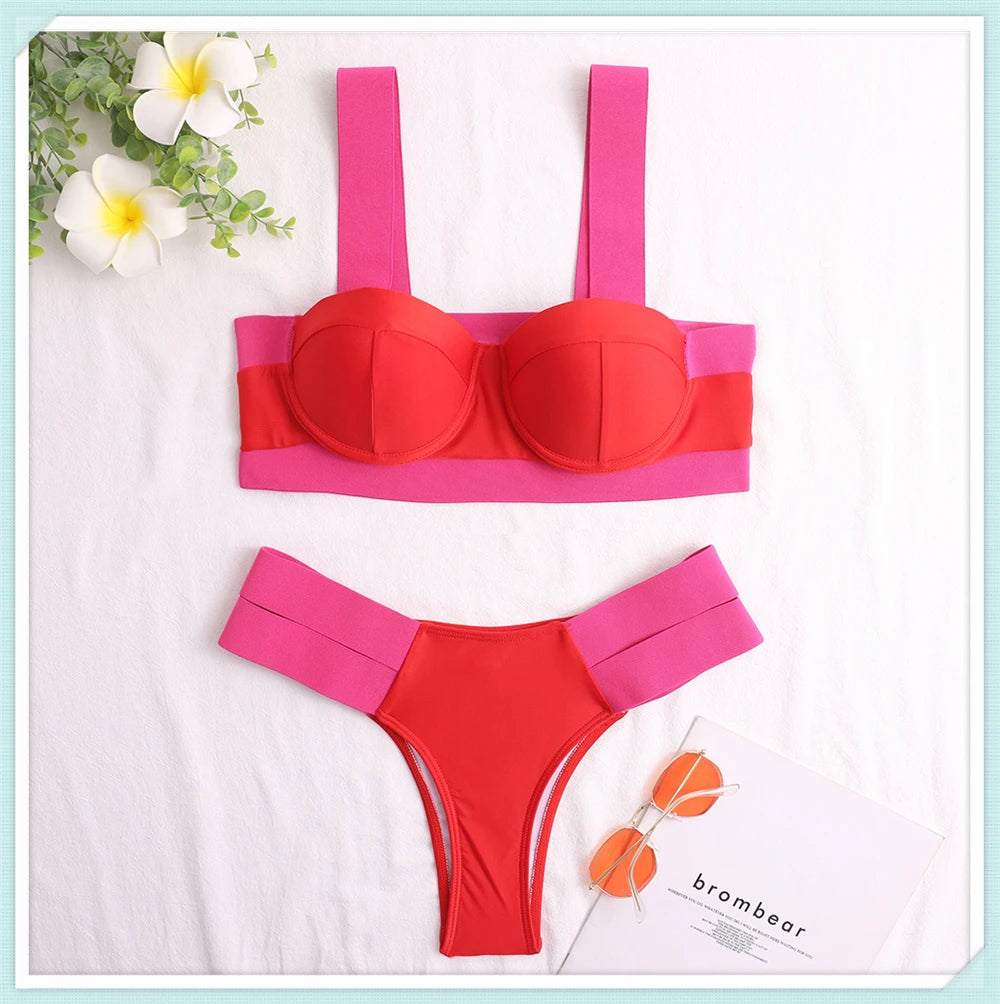 Solid Bandage Bikini Women Push Up Swimsuit Sexy Swimwear Female Brazilian Bathing Swimming Suit Bather Splicing Color Beachwear