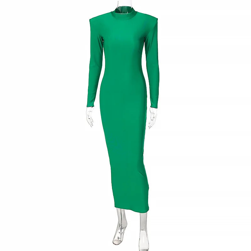 Shoulder Padded Long Sleeve Bodycon Green Party Club Maxi Long Dress 2023 Spring Autumn Women Fashion Elegant Clothes