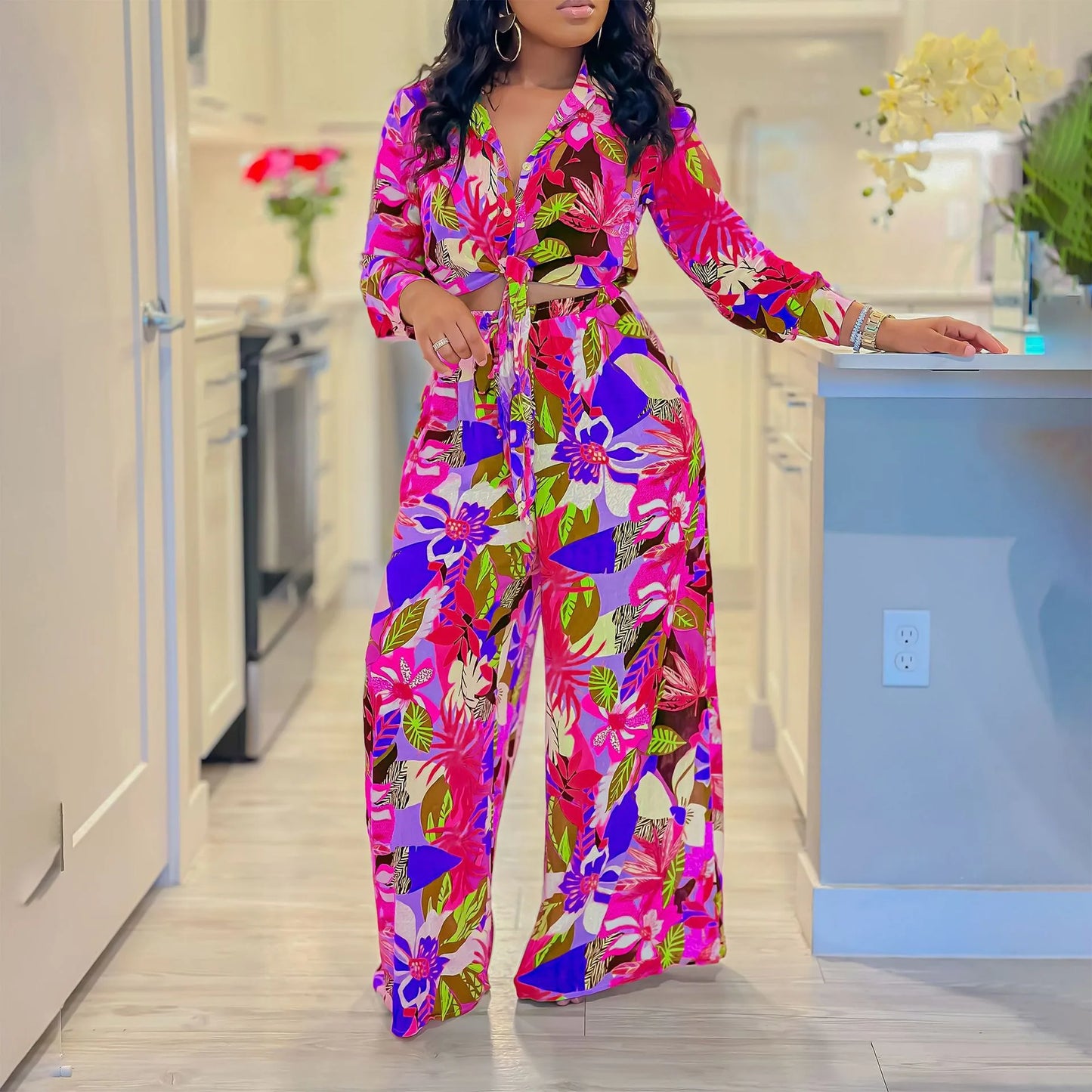 Women 2 Pieces Printed Pants Sets Blouse & Wide Leg Pants Floor Length Fashion High Street Wear Female Two Pieces Matching Sets