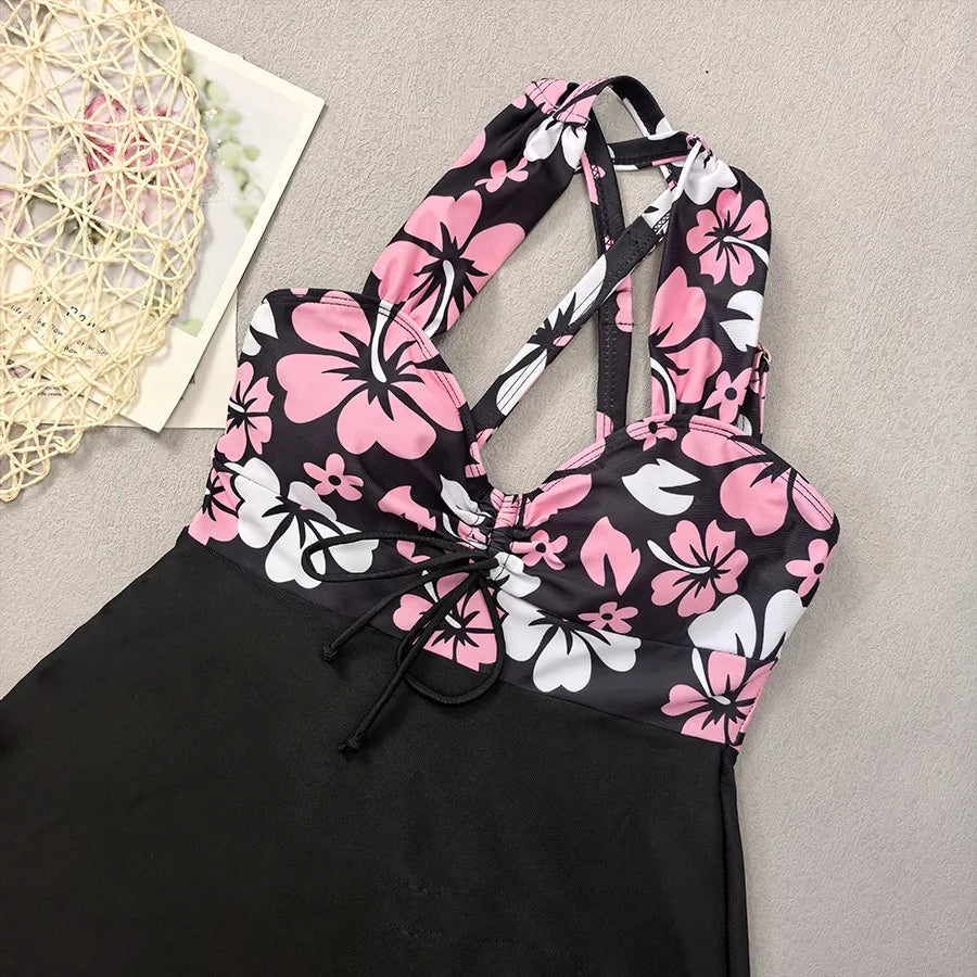 Black Flower Print Tankini Swimwear Woman Bikinis Sets 2025 Sexy Halter Swimsuit Bottoms Beach Wear Bathing Suit Bikini Donna