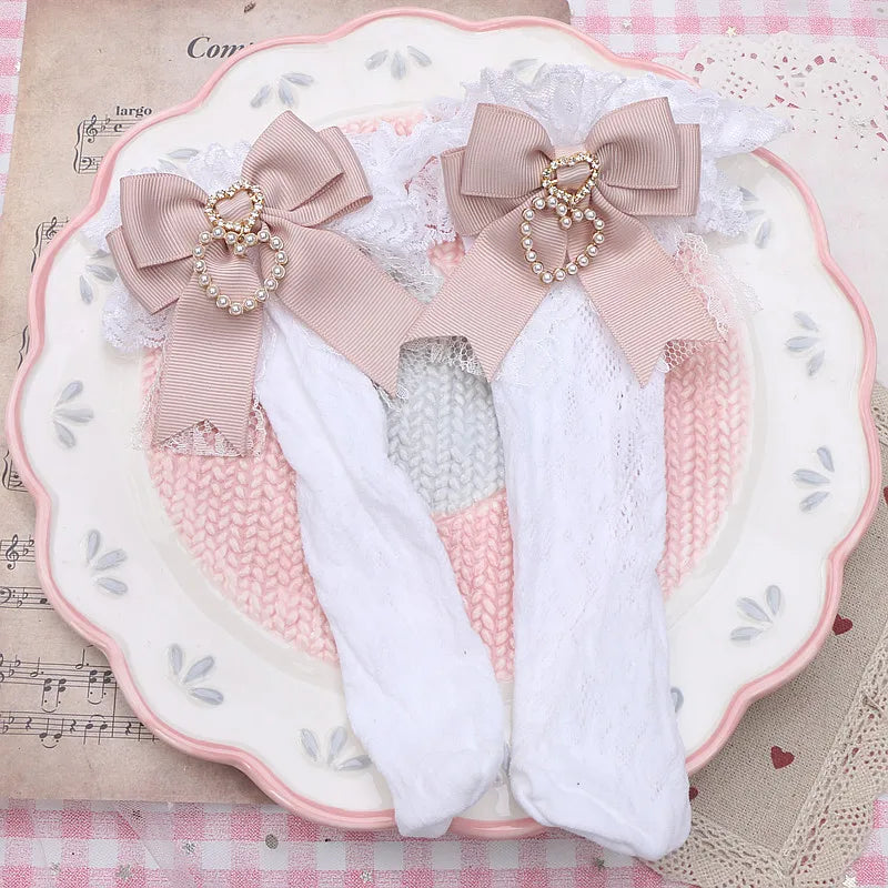 Handmade Sweet Lolita Bow Pearl Heart Pendant Lace Mid-Calf Socks Japanese Style Cotton Lace Socks Girls Women