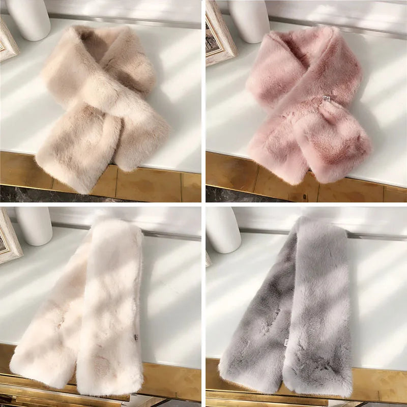 FAITOLAGI Korean Winter Faux Rabbit Fur Women Scarf Soft Plush Snood Scarves Solid Color Neck Collar Warmer Stuff Christmas Gift