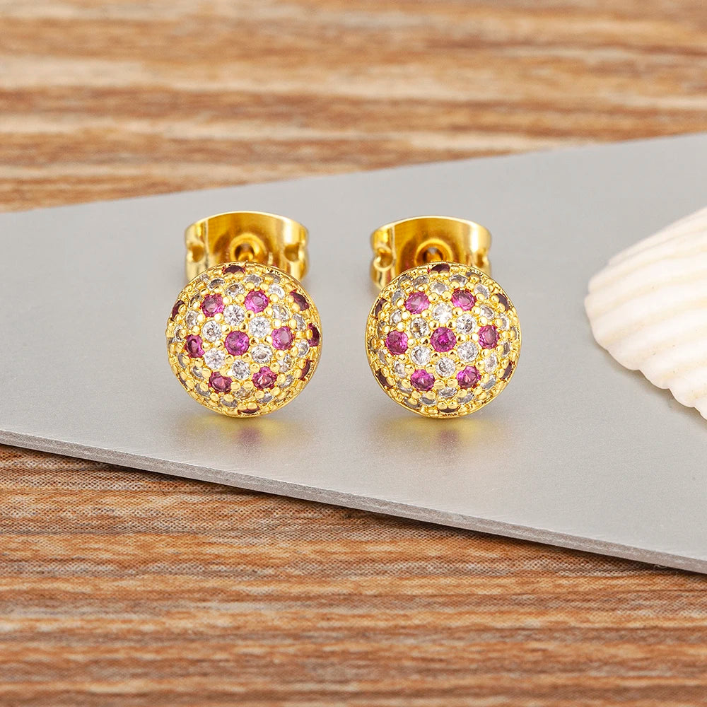 Nidin Korean Fashion Round Shape Pave Colorful Zircon Charm Stud Earrings For Women Birthday Party Ear Jewelry Delicate Gifts