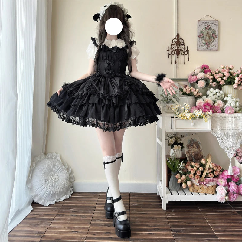 Original Design New Summer Lolita Dress Women's Sweet Flower Wedding Lace Bowknot JSK Sling Dress Black and White Princess Dress