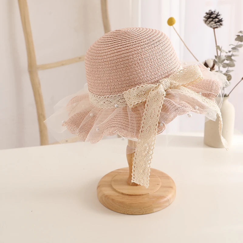 Kids Girls Wide Brim Straw Woven Cap Sun Protection Beach Hat Lace Pearl Summer Floppy Bucket Cap Portable Handbag панама