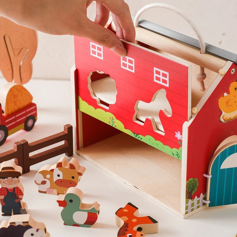 Children Montessori Wooden Toys Dinosaur Car Animal Park Barn Toy Wooden Stacking Game Kid Educational Toy Christmas Gift