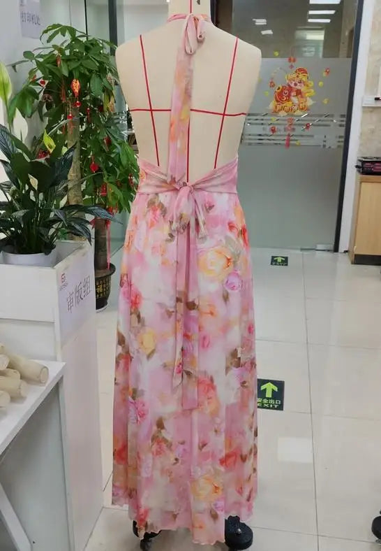 GuliriFei Women Long Dress, Sleeveless Halter Dress Backless Flower/Dots Print Summer Cocktail Dress