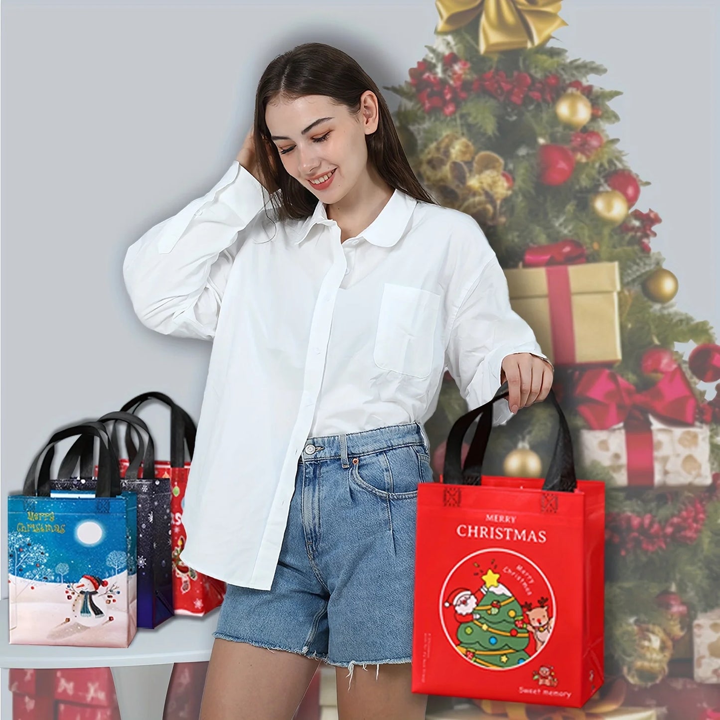 32 Medium Christmas Gift Bags with Handles, Reusable Non-Woven Fabric Christmas Shopping Bags,Holiday Party Supplies Decorations