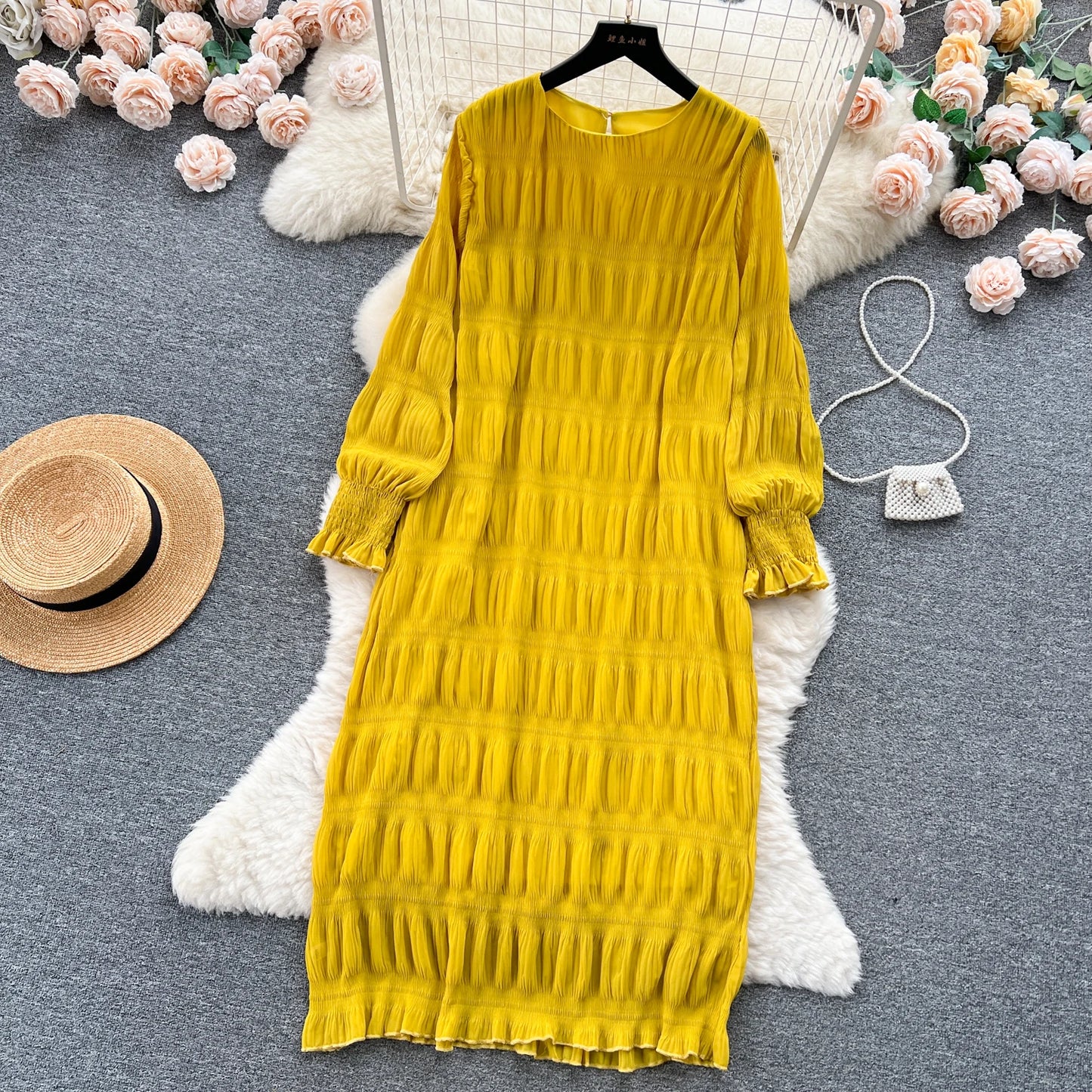 Autumn Vintage Women Draped Loose Midi Dress Elegant Round Collar Puff Long Sleeve Robe Casual Yellow/Burgundy/Green Vestido New