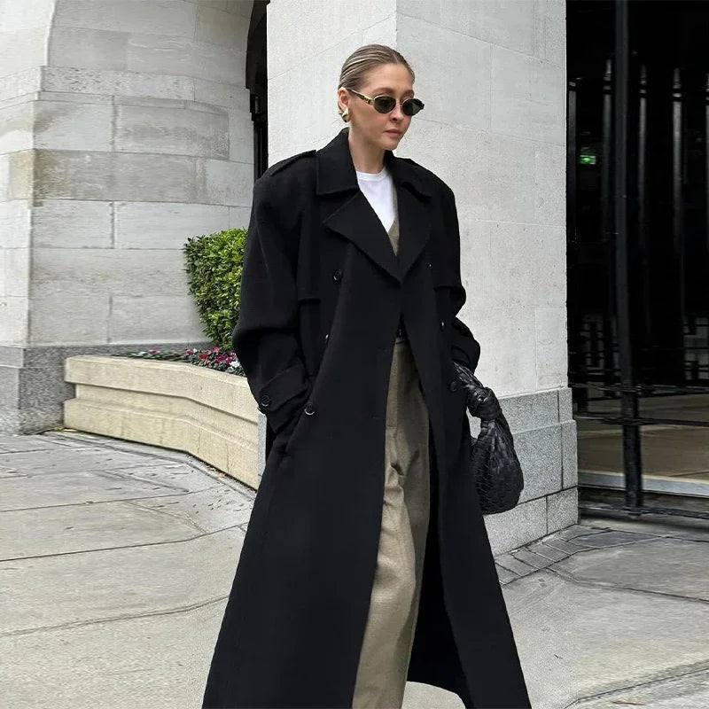 Elegant Woolen Long Coats Women Double-breasted Turn-down Collar Full Sleeves Jackets 2025 Autumn Winter Fashion Outwears Lady