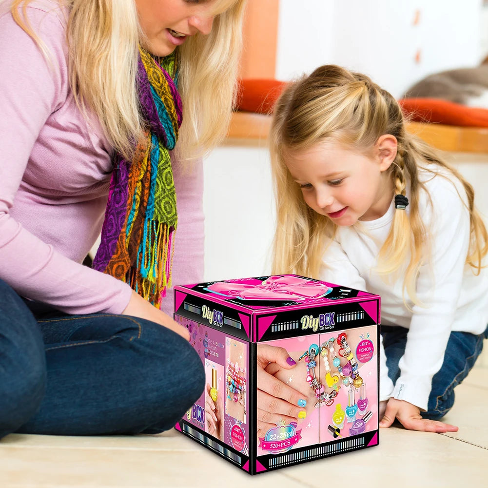 Charm Bracelet Making Kit with Jewelry Box & Nail Polish Jewelry Making Kit Birthday Christmas Gifts for Girls Ages 6-12