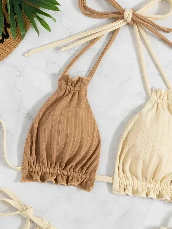 2025 Sexy Bikini Women Swimwear Swimsuit Drawstring Patchwork Pit Stripped Double Straps Halter Bikinis Set Beach Bathing Suit