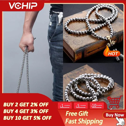 Tactical 10MM Steel Chain Buddha Beads Self Defense Hand Bracelet Necklace EDC Outdoor Tools Self Protection Survival