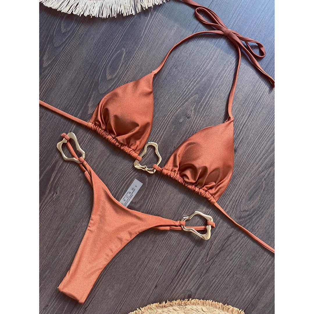 Shiny Metal Ring Halter Mini Thong Bikini Women Swimwear Female Swimsuit Two-pieces Bikini set Bather Bathing Suit Swim V6438
