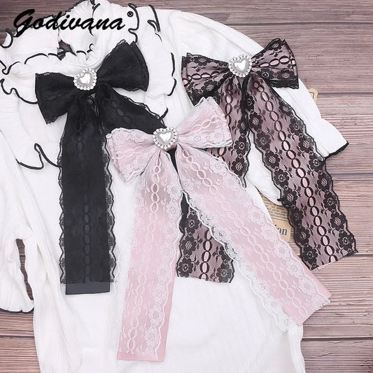 Girl Accessories Beaded Handmade Japanese Style Bow Tie Sweet Cute Mine Lace Big Bow Love Pearl Bow Tie for Women Femme