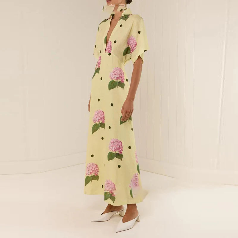 Sexy V-Neck Sling Boho Party Dress Womens Elegant Floral Print Hollow Long Dress Spring Summer High Waist Puff Sleeve Maxi Dress