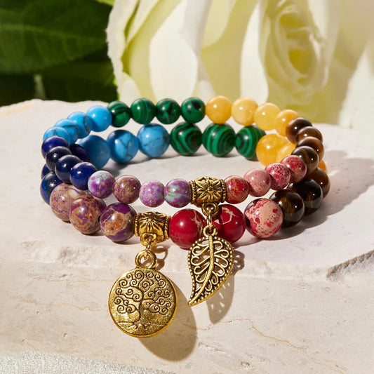 Natural Semi Precious Gemstone Beads Bracelet for Women Life Tree and Leaf Charm Energy Reiki Crystal Stretch Bracelets Jewelry