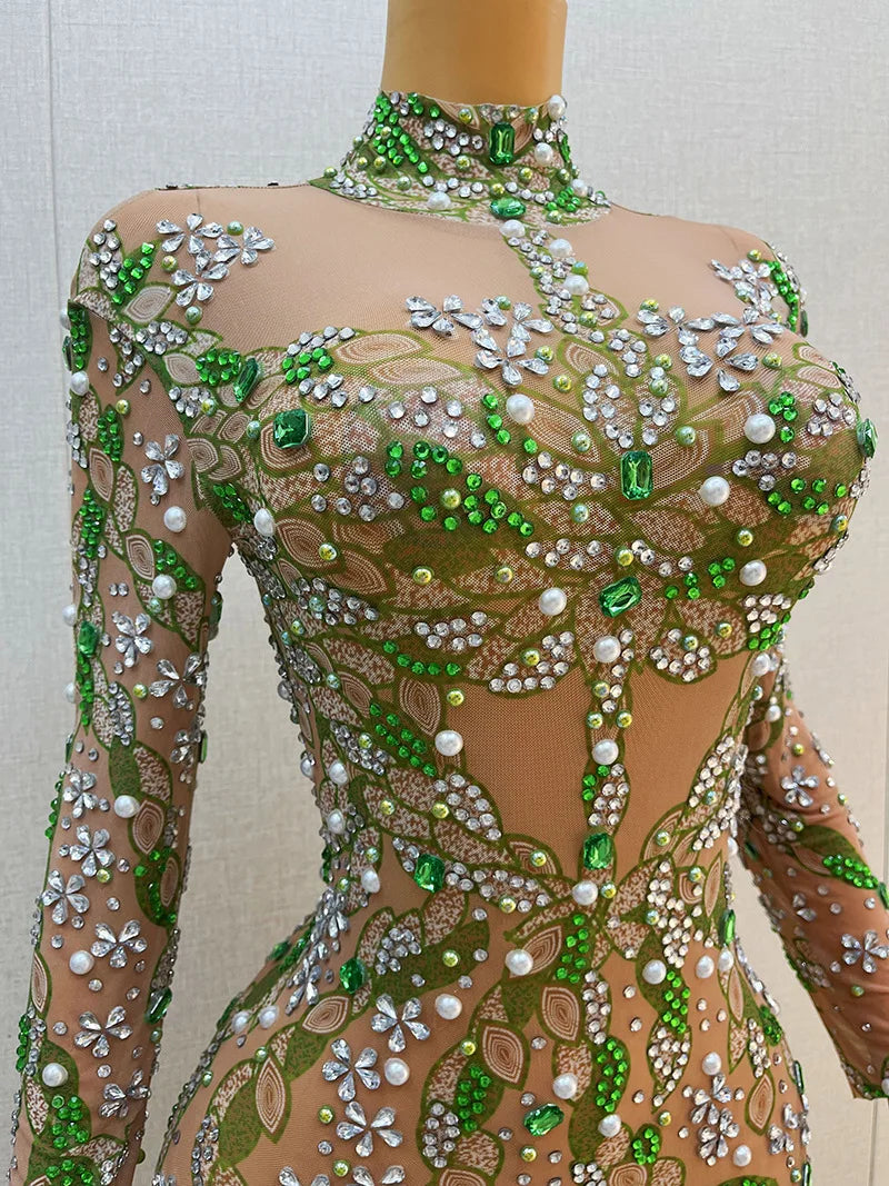 A stunning evening gown Long  Dress Birthday Celebrate Luxurious Costume Sparkly Big Rhinestone Dancer Flashing  party Dress