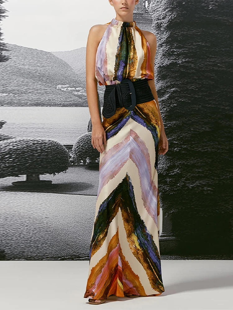 Painterly Print Satin Co-ord Set Sleeveless High Neck Crop Top Slim Fit Maxi Skirt Women's Elegant Chic Party Evening Outfit