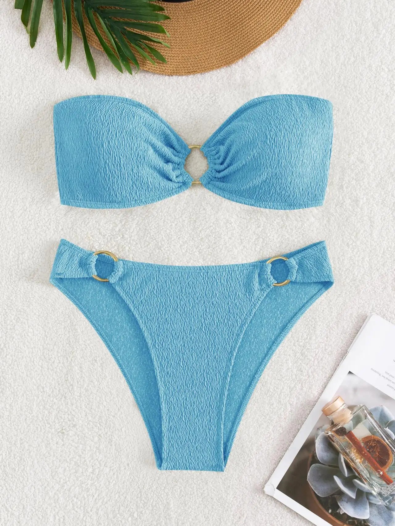 Sexy Bandeau Bikinis Sets Women Metal Ring Linked Push Up Micro Swimsuit 2025 Solid Bathing Suit Thong Swimwear Trajes De Baño