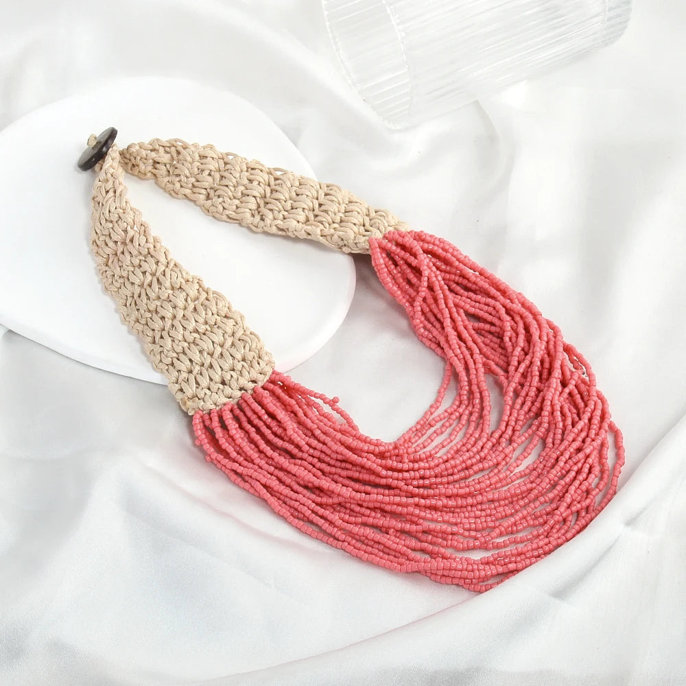 Western fashion retro Bohemian ethnic style exaggerated women's necklaces multiple layers hand woven rice bead wax rope necklace