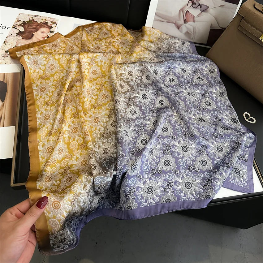 Imitated Silk Headcloth Fashion Flower Print Square Shawls Popular 70X70cm Bandanna Kerchief Sun Protection Silk Scarves Tie Bag