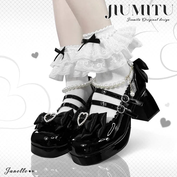 Lolita Shoes New Japanese Cute Round Head Pearl Bow Clips Leather Shoes Pumps Women Mary Jane Shoes High Heels Girls