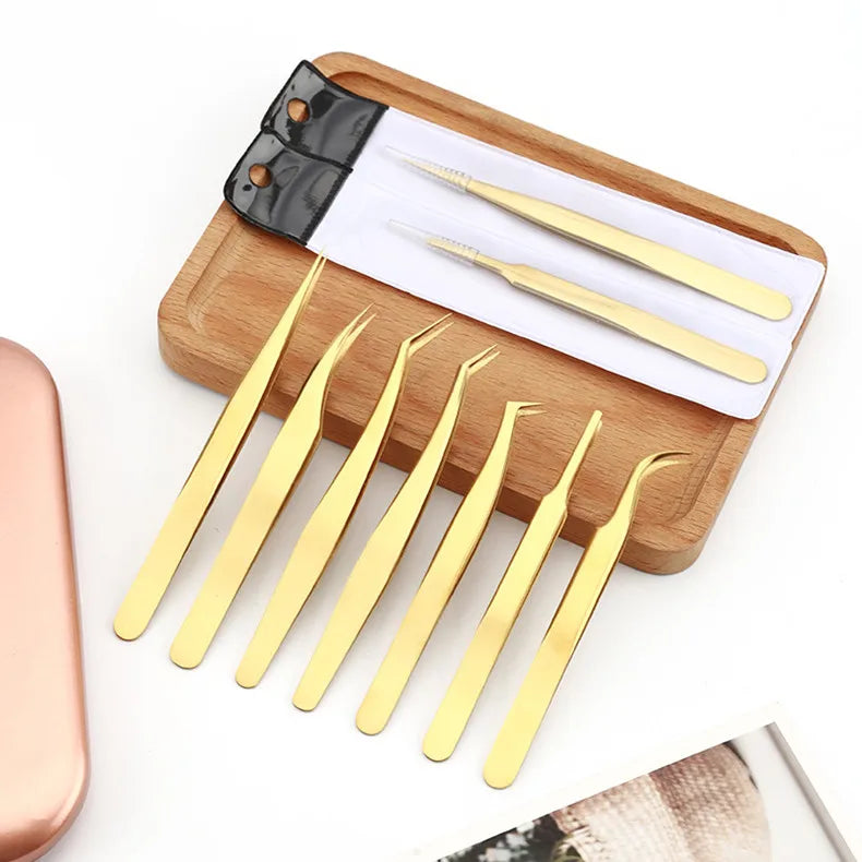 1PC Eyelash Tweezer For False Eyelash Extension Lash Fan Eyebrows Nail Art Clip Cilia Gold Stainless Steel Tweezers Makeup Tools