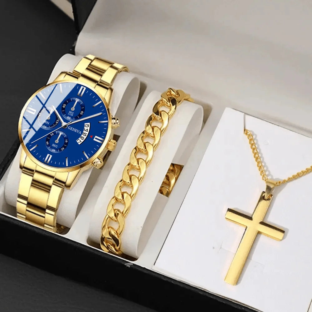 3pcs/set Fashion Business Men's Watch Calendar Alloy Male Watch Bracelet Necklace Jewelry Set Deal Choice for Gifts To Men