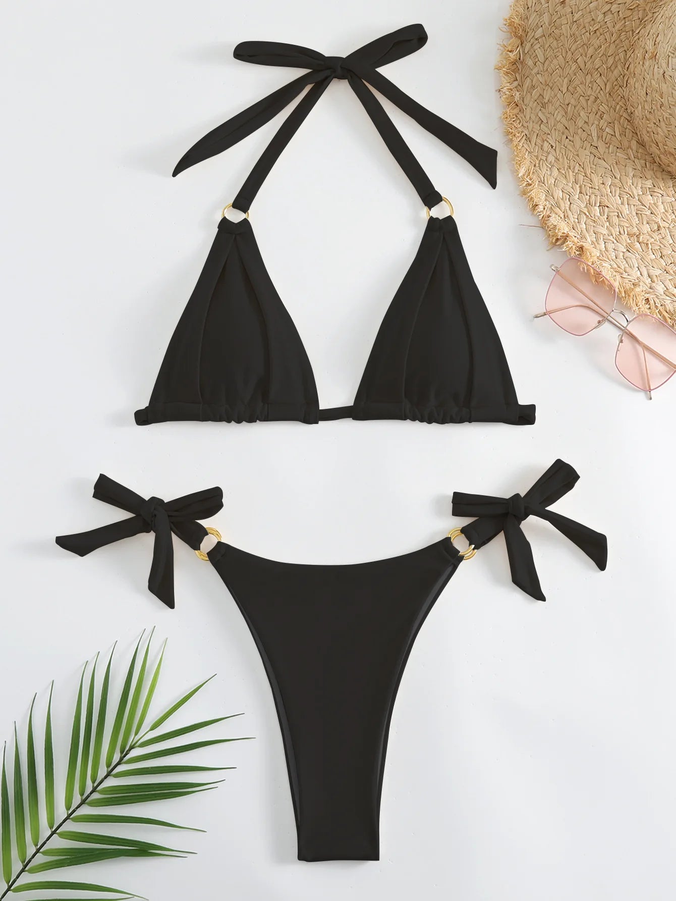 Micro Bikini Sexy Women Swimsuit 2024 Solid Beige Halter Ring Linked Push Up Mini Bikinis Summer Bathing Suit Thong Swimwear