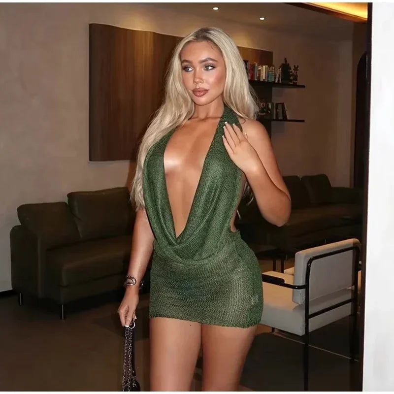 Sexy Sequin Halter Short Dress Women Backless Sleeveless Hip Package Party Dresses Female 2025 Summer Chic Night Club Robe Lady