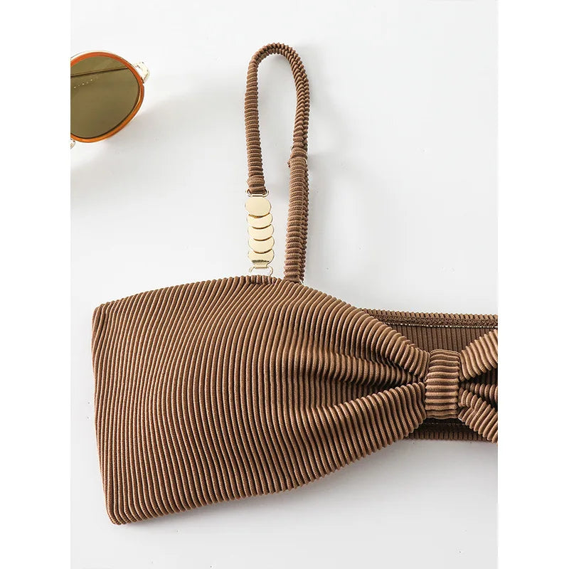 Sexy Micro Bikinis Sets Two Pieces Swimsuit Brown Swimwear Female Thong Brazilian Biquini Bandeau Ribbed Beach Wear Bathing Suit