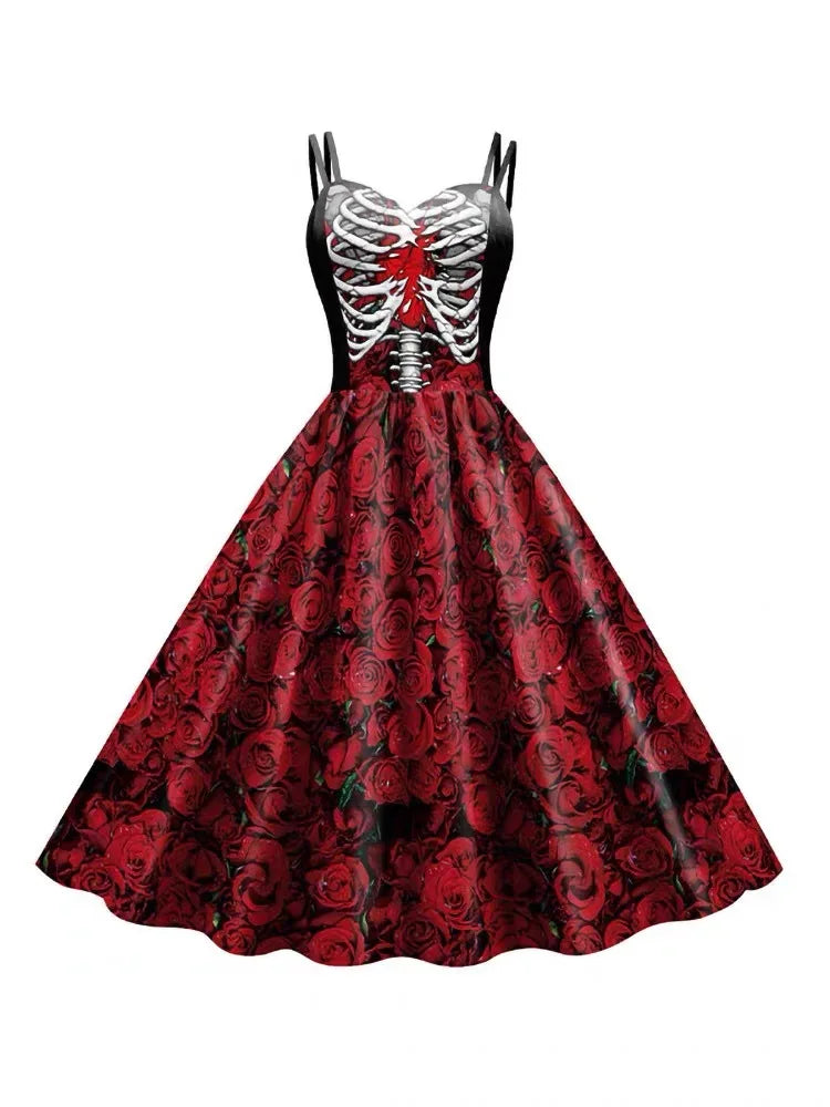 Halloween Cosplay dark Black Rose Skull Dress Women Costume Sleeveless Vintage Party Dresses Skull Witch Scary Girls Clothings