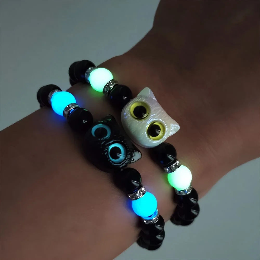 Luminous Matching Couples Bracelets Necklace for Women Men Cat Black White Cat Head Bangles Glow In The Dark Friendship Gift