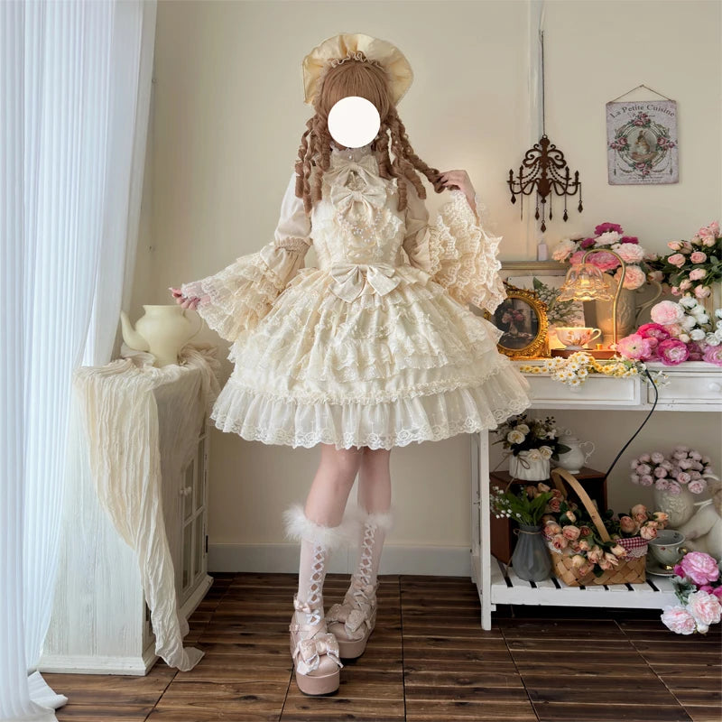 Super Fairy Lolita Dress Set New Spring and Autumn Sweet Girl Women's Flower Lace Bow Shirt Princess Jsk Suspender Dress