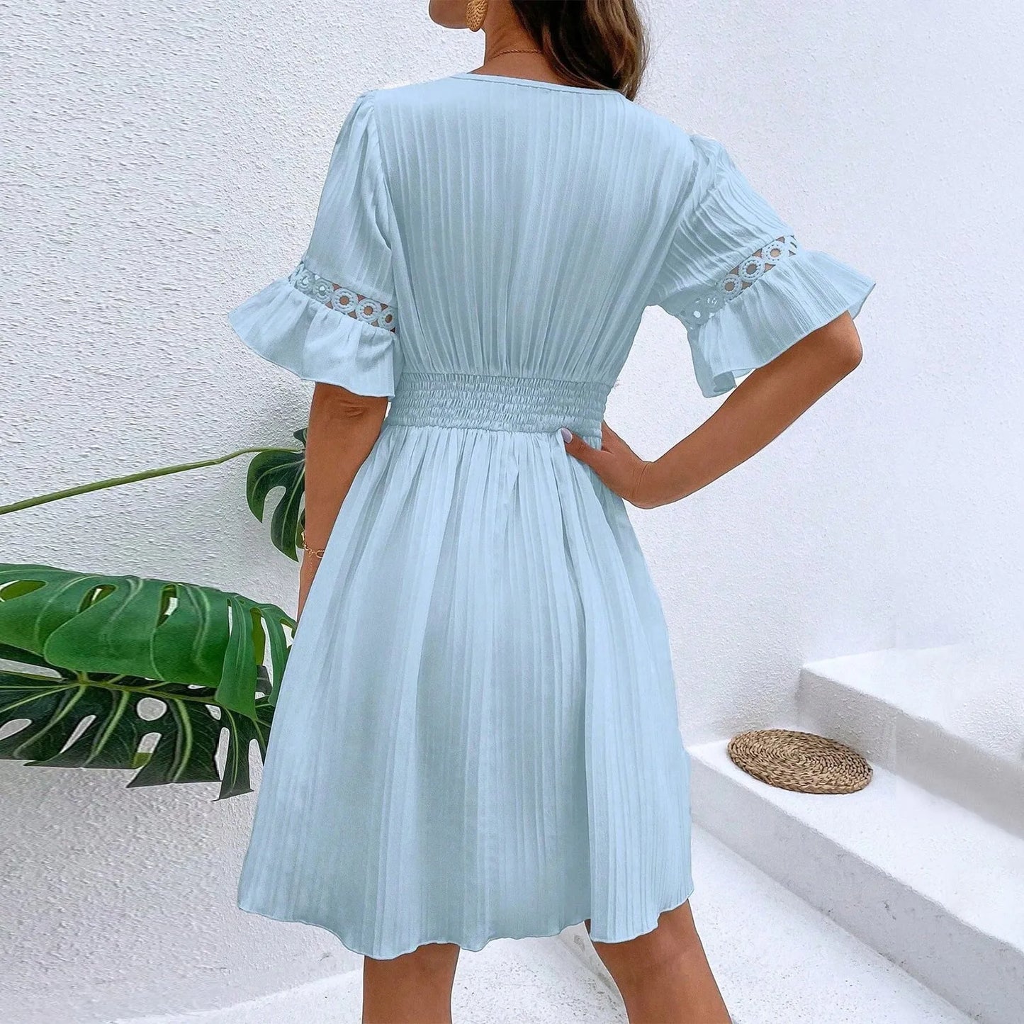 Women Sexy V Neck Flying sleeve Mini Dress Summer Hollow Embroidery Lace Patchwork Party Dress Casual Loose Beach A-Line Dress