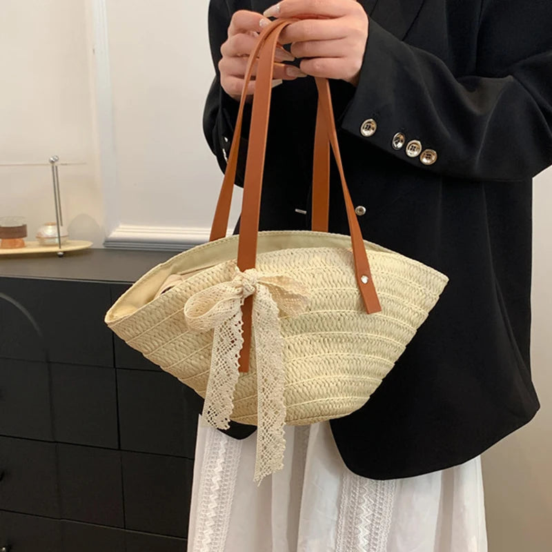 Women Braided Basket Clutches Bag Large Straw Portable Shoulder Bag Summer Beach Purses Shopper Satchel