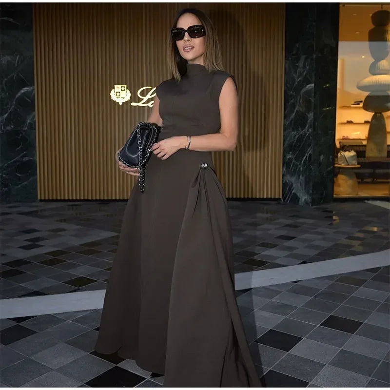 Vintage Brown Long Dress Women's Elegant Loose Diagonal Neck Black Metal Buckle Maxi Dresses Female 2025 Summer Evening Party