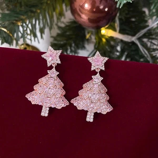 Shiny Pink Colorful Christmas Tree Zircon Crystal Earrings For Women Star Silver Color Stud Dangle Jewelry Xmas Party Gift