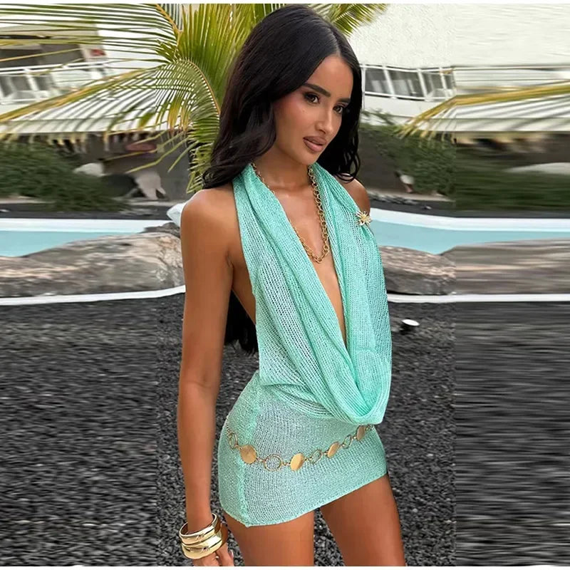 Sexy Sequin Halter Short Dress Women Backless Sleeveless Hip Package Party Dresses Female 2025 Summer Chic Night Club Robe Lady