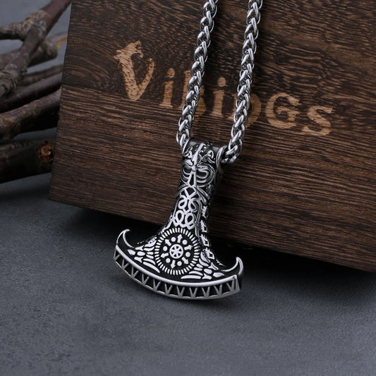 316L Stainless Steel Thor's Hammer Mjolnir Axe Necklace Men's Fashion Hip Hop Vintage Odin Rune Biker Pendant Jewelry Gift
