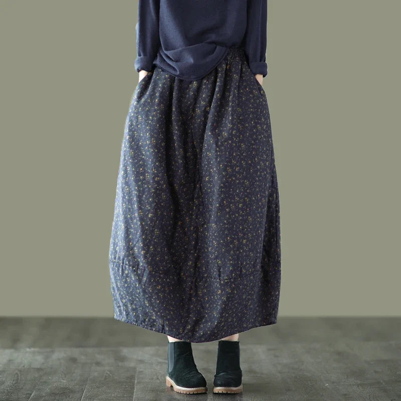 Careaymade New Autumn Winter Print Cotton Skirt Women Elastic Waist Thick Warm Long Skirts Female Loose Vintage Skirts