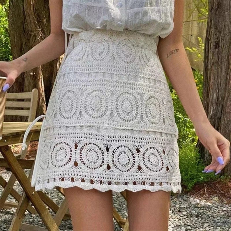 Women Hollow Out Crochet Knit Mini Skirt Lady Summer Boho Geometric Pattern High Waisted Beach Vacation A-Line Skirt with Lining