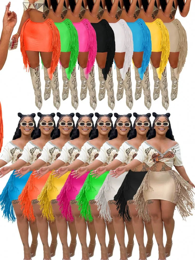 Sexy Wrap Women Mini Skirts Solid Bodycon Streetwear Skirts 2022 Summer Chic Hollow Out Tassel Y2K Style Bottom Outfits