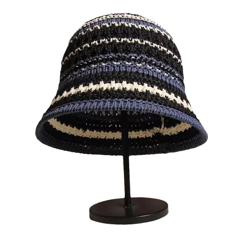 Summer Hollow Knitted Hollow Fisherman Caps Sun Protection Straw Bucket Hat Breathable Crochet Beach Cap Wide Brim Sun Hat