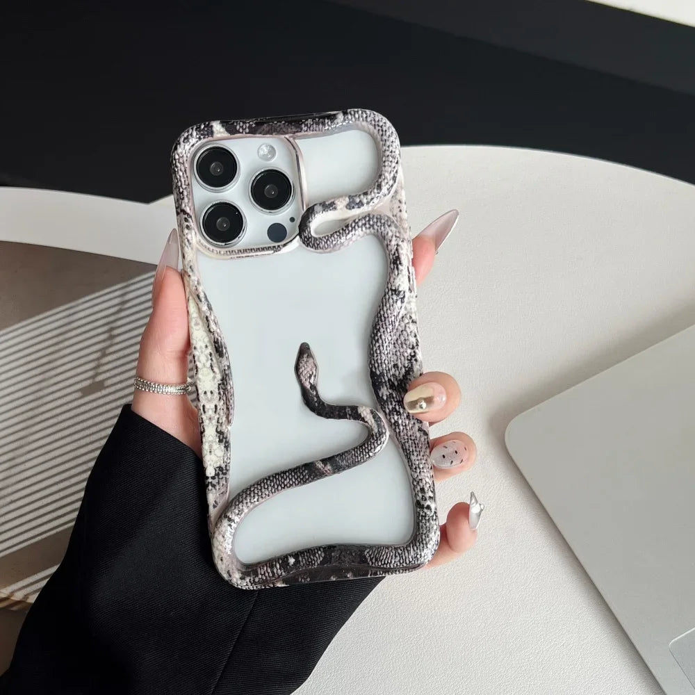 Luxury Stylish 3D Snake Hollow Phone Case For iPhone 16 Pro Max 15 14 Plus 13 12 11 Shockproof Skin Glossy Grain Cooling Cover