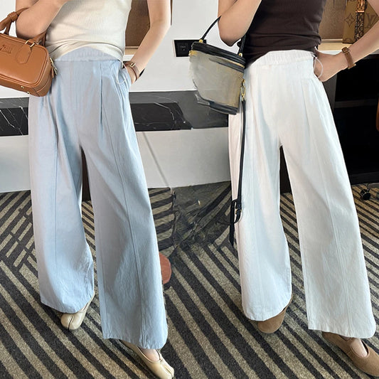 Summer Pregnant Woman Washed Cotton Trousers High Waist Ankle-length Plus Size Maternity Casual Pants Wide Legs Pregnancy Pants