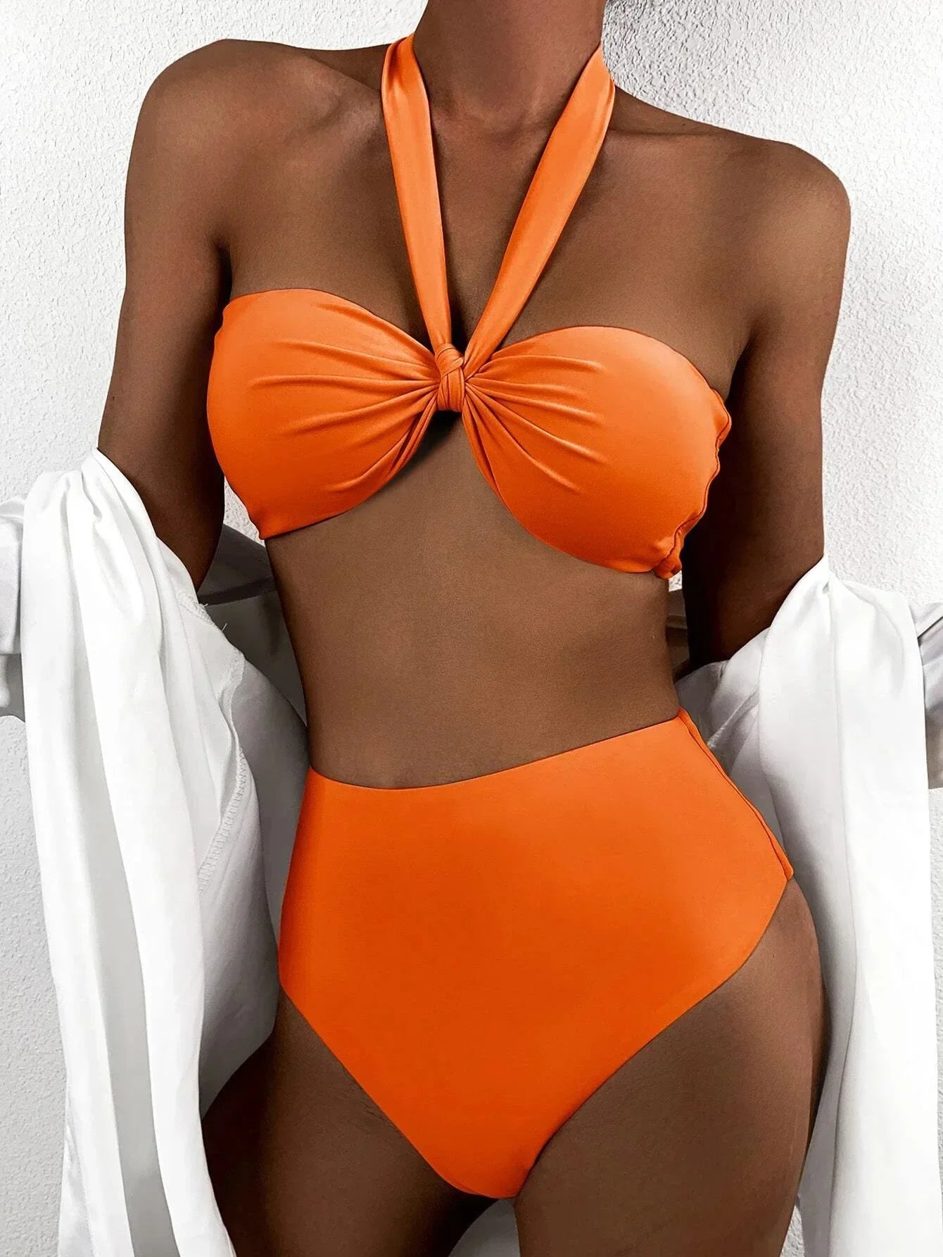 Sexy Front Bow Bikinis Sets Women Orange Blue Bandeau Push Up Two Piece Swimsuit 2025 Cut Out Bathing Suit High Waist Swimwear