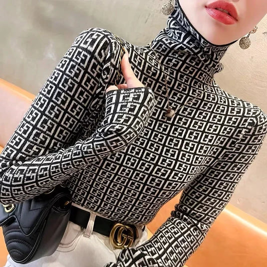 Autumn Winter Vintage Letter Thick Warm Commute Knitted Pullovers Women's Clothing Basic Turtleneck Soft Elastic Slim Sweaters
