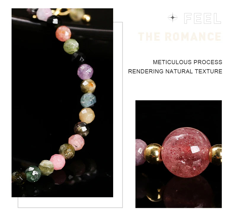 JD Natural Stone Faceted Rainbow Tourmaline Strawberry Quartz Bracelet Women Luxury Thin Adjustable Reiki Healing String Jewelry
